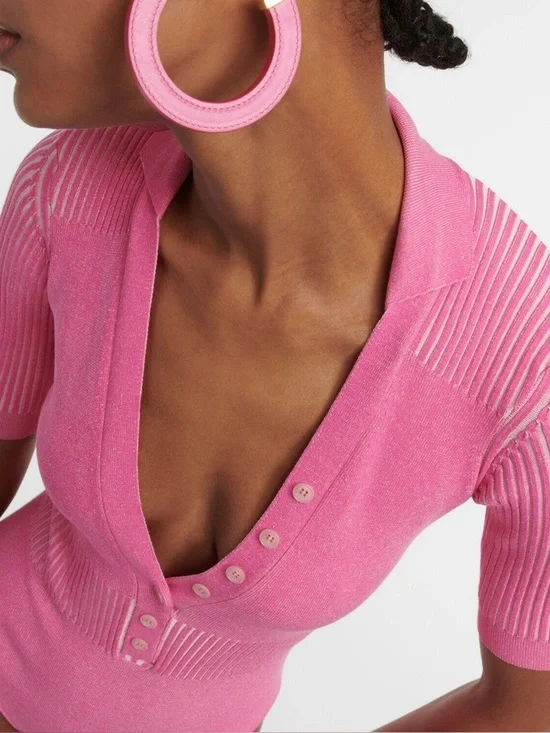 Jacquemus Le Body Yauco Polo Bodysuit Size S Pink Knit Buttons Stretch Barbie - Picture 3 of 11